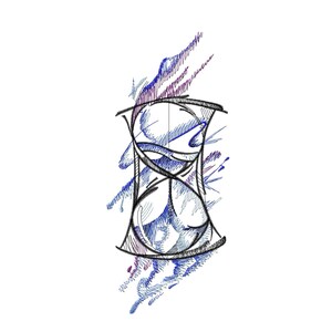 May include: A hand-drawn illustration of an hourglass with blue and purple watercolor-like accents. The hourglass is drawn with fine lines and details.