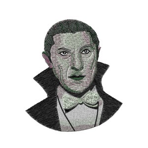 May include: Embroidered patch of a man with a pale complexion and dark hair, wearing a black suit with a white bow tie. The man has a serious expression and appears to be a vampire.