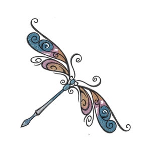 Könnte beinhalten: Eine stilisierte Libelle mit blauen, braunen und rosa Flügeln. Der Körper der Libelle ist ein blauer Stift.