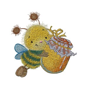 May include: A cute cartoon bee with yellow and black stripes holding a jar of honey. The bee has a fuzzy body and big, round eyes. The jar of honey is decorated with a red and white checked lid.