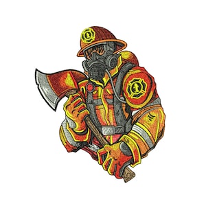 May include: Embroidered patch of a firefighter wearing a helmet and gas mask, holding an axe. The firefighter is wearing a red and yellow uniform with a fire department badge on the shoulder. The patch is on a white background.