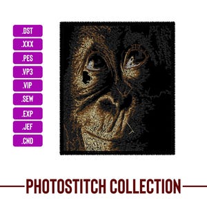 May include: A close-up of a brown and black embroidered image of an orangutan's face. The image is stitched with a variety of colors and textures, creating a realistic effect. The orangutan's eyes are wide open and staring directly at the viewer. The image is surrounded by a black border.