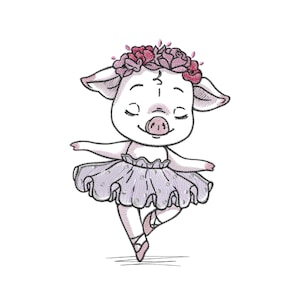 Puede incluir: Un cerdo rosa con un tutú morado y una corona de flores, con los ojos cerrados y una pierna levantada en una pose de ballet.