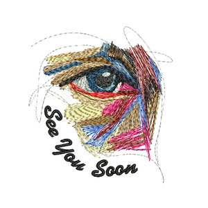 Puede incluir: Un diseño bordado colorido de un ojo con el texto "See You Soon" en letras negras.