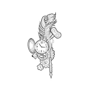 Puede incluir: Una ilustración en blanco y negro de una pluma con un reloj, engranajes y una cerradura. La esfera del reloj marca las 12, las 3, las 6 y las 9.