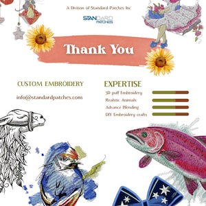 May include: A promotional graphic for "Embroidery By Alan" featuring various embroidered designs. The image includes a girl on a swing, a fish, a bird, and a basketball with a bow. Text includes "Thank You" and "Custom Embroidery."