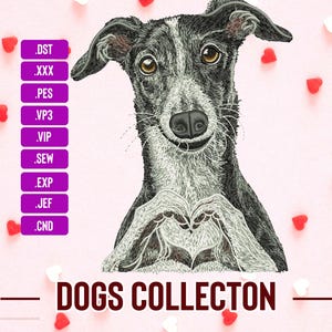 以下が含まれることがあります： 犬が足でハートの形を作っている白黒の刺繍画像。犬は直接見ています。画像はピンクと白のハートで囲まれています。画像の下に「DOGS COLLECTION」というテキストがあります。