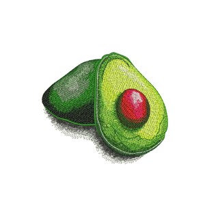 May include: A green avocado cut in half, showing the seed inside. The avocado is on a white background.