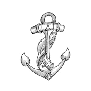 May include: A black and white line drawing of an anchor with a feather wrapped around the top. The anchor is a traditional design with a ring at the top and two arms.