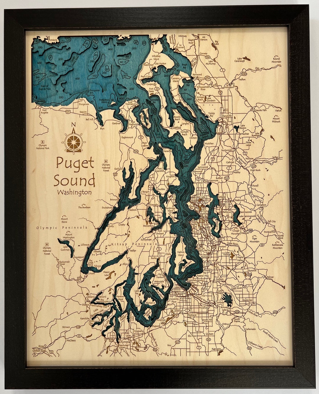 Puget Sound Laser Carved 3d Wood Map Etsy
