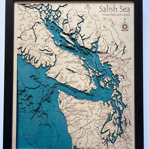 May include: A framed wooden map of the Salish Sea, including parts of the United States and Canada. The map features a detailed, layered design with blue water and light brown land. The text "Salish Sea" is visible at the top, with a compass rose.