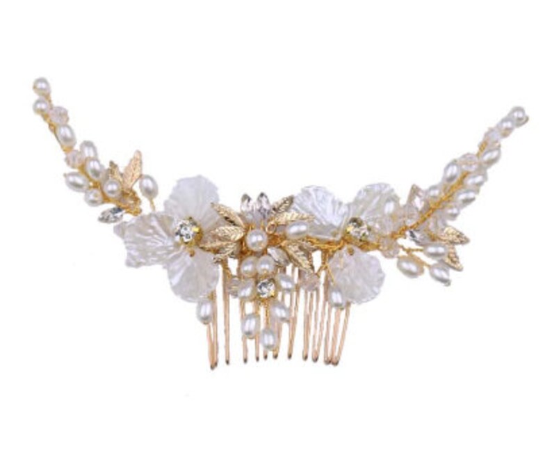 Bridal Hair Comb Golden Flower leaf Bridal Hair Accessories with Pearl and Rhinestones