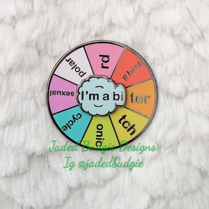 May include: A circular enamel pin featuring a colorful segmented wheel with the text polar, rd, g back, ter, tch, onic, cycle, and sexual. A central light blue cloud-shaped piece displays the text I'm a bi with a small smiling face.