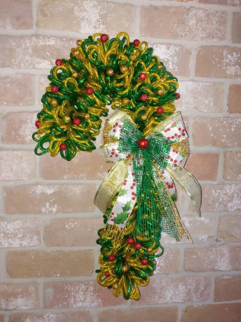 Green and Gold Deco Mesh Flex Tubing from On A Hook Decor Candy Cane Christmas Wreath
