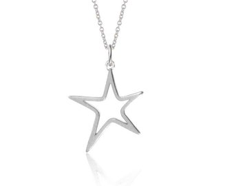 Handmade Star Pendant | Sterling Silver Outline Star with 18" Sterling Silver Chain Necklace | Star Outline Charm Necklace Gift for Women