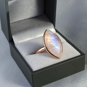 Handmade Rainbow Moonstone Rose Gold Vermeil and Sterling Silver, Large Marquise Statement Ring. Natural ethically sourced Moonstone.