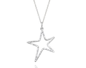 Large Silver Star Pendant, handmade and set with Cubic Zirconia, with an 18" sterling silver chain necklace