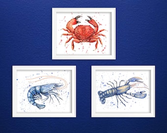 Ensemble d'impressions aquarelle crabe, homard et crevettes, illustrations de crustacés, aquarelle, impressions d'art côtières, murales.