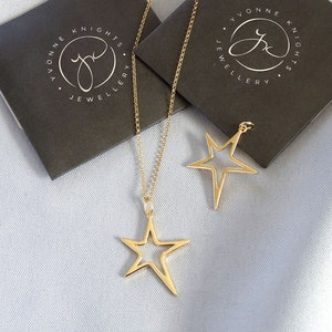 Handmade Star Pendant, Sterling Silver and Yellow Gold Vermeil Outline Star with 18&quot; Chain Necklace. Large Star Necklace.