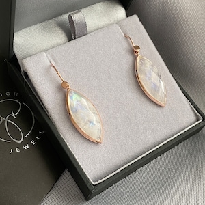 Handmade Rainbow Moonstone and Rose Gold Vermeil, Marquise Sterling Silver Wire Drop Earrings. Natural Faceted Unique Moonstones.