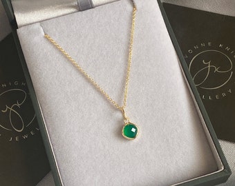 Green Onyx, Yellow Gold Vermeil, Sterling Silver Pendant, With a Yellow Gold Vermeil 18" Chain Necklace. Ethically sourced gemstone.