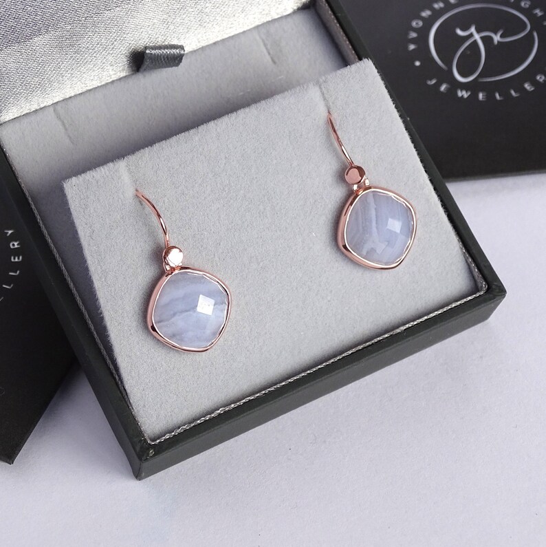 Handmade Blue Lace Agate, Rose Gold Vermeil and Sterling Silver Drop Earrings image 1