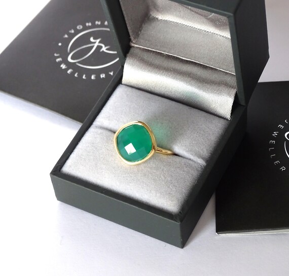 Handmade Yellow Gold Vermeil and Sterling Silver, Green Onyx Large Stacking Ring. Beautiful natural Onyx gemstone and yellow gold vermeil.