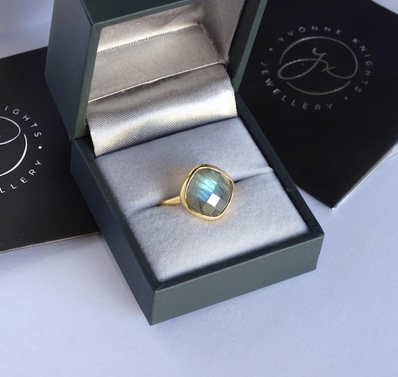Handmade Yellow Gold Vermeil and Sterling Silver, Labradorite Large Stacking Ring. Natural Labradorite faceted gemstone ring.