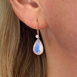 Fine Quality Rainbow Moonstone Drop Rose Gold Vermeil Earrings |  | Ethically Sourced Natural Gemstone Earrings | Unique Gemstones