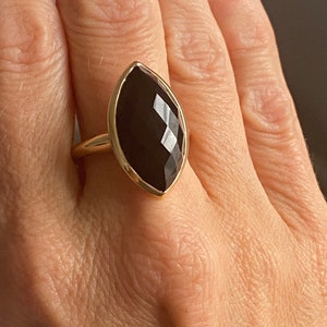 Black Onyx, Yellow Gold Vermeil and Sterling Silver Large Marquise Statement Ring. Onyx gemstone ring.