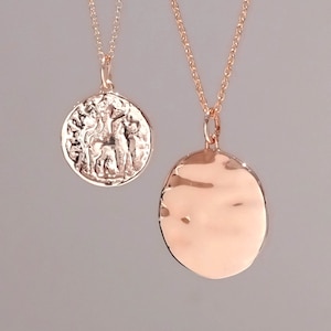 Handmade Rose Gold Vermeil Large Round Hammered Coin Pendant & 18&quot; Chain Necklace. Plain stacking pendant.