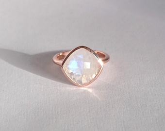 Handmade Moonstone Rose Gold Vermeil and Sterling Silver Ring | Moonstone Large Ring | Natural Rainbow Moonstone Ring | Stacking ring