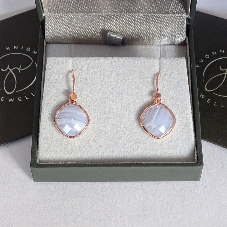 Handmade Blue Lace Agate, Rose Gold Vermeil and Sterling Silver Drop Earrings image 3