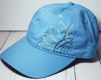 Hand Embroidered Light Blue with Simple Sunflower | Floral Embroidery Baseball Cap | Summer Hat | Minimalist | Denim Sky Blue