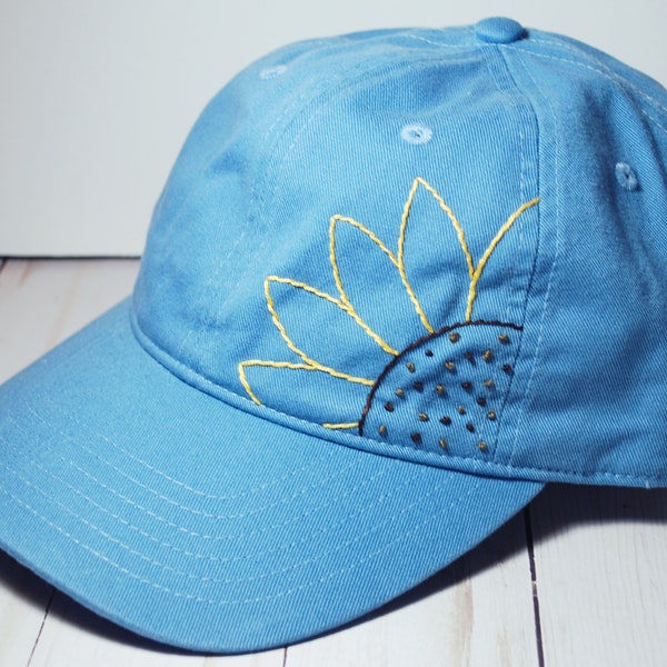 Hand Embroidered Light Blue with Simple Sunflower | Floral Embroidery Baseball Cap | Summer Hat | Minimalist | Denim Sky Blue