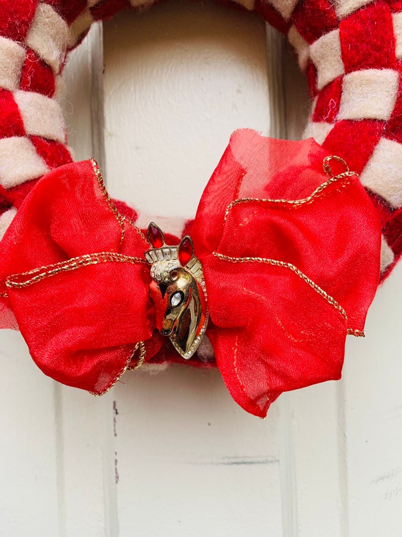 Holiday Wreath with Vintage Horse Brooch with Ribbon image 1