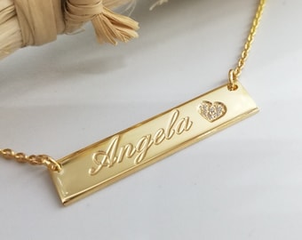 Diamond heart ,Bar Name Necklace , personalized name bar necklace, personalized necklace, name plate necklace, custom personal gift for her