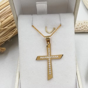 14k Solid Gold Cross.Baptism gold cross.Cross for girl.Swarovski stone Gold Cross.Christian cross pendant.Gold cross necklace