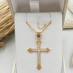 14k Solid Gold Cross.Baptism gold cross.Cross for girl.Swarovski stone Gold Cross.Christian cross pendant.Gold cross necklace