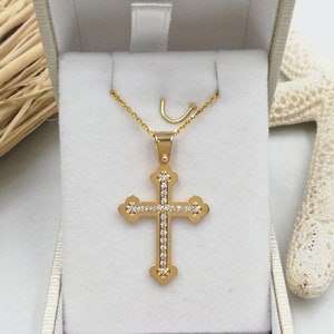 14k Solid Gold Cross.Baptism gold cross.Cross for girl.Swarovski stone Gold Cross.Christian cross pendant.Diamond Gold Cross