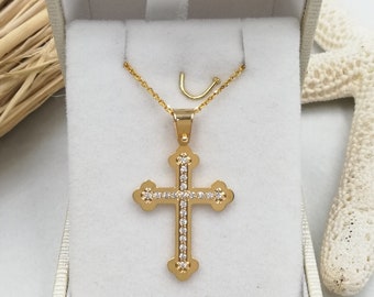 14k Solid Gold Cross.Baptism gold cross.Cross for girl.Swarovski stone Gold Cross.Christian cross pendant.Diamond Gold Cross
