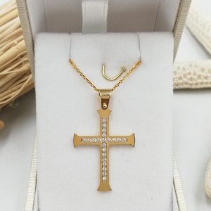 14k Solid Gold Cross.Baptism gold cross.Cross for girl.Swarovski stone Gold Cross.Christian cross pendant.Gold cross necklace
