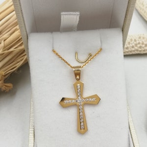 14k Solid Gold Cross.Baptism gold cross.Cross for girl.Swarovski stone Gold Cross.Christian cross pendant.Gold cross necklace