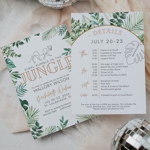 May include: A green and gold jungle-themed bachelorette party invitation with the text "Final Rumble in the Jungle" and "Mallory Wilson" with details for a weekend in Fort Lauderdale, Florida. The invitation includes a list of activities for each day of the weekend, including a lingerie party, hot yoga, pool day, and a farewell brunch.