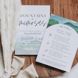 EDITABLE Mountains and Mimosas Bachelorette Invitation and Itinerary, Digital Download, Canva Edit