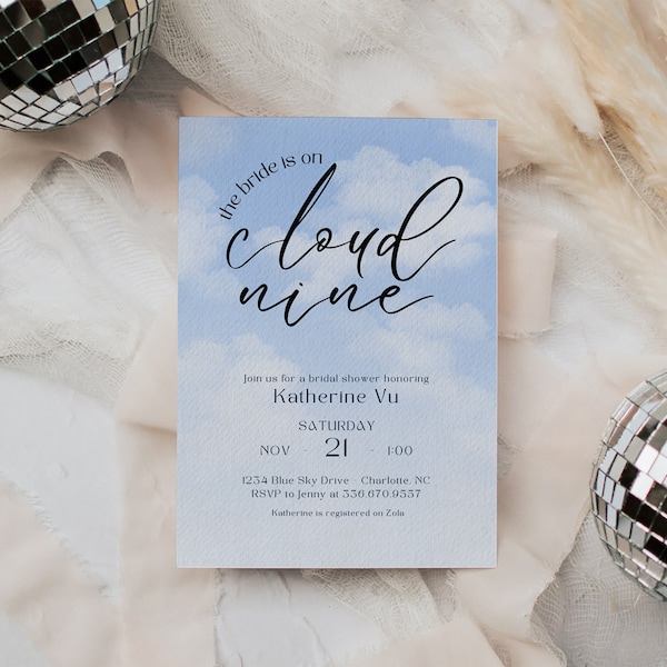 EDITABLE The Bride Is On Cloud Nine Bridal Shower Invitation, Digital Download, Canva Edit