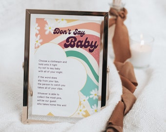 DESCARGAR No digas bebé, juego de baby shower, Baby Shower Groovy Baby 70's, Descarga digital