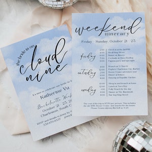 EDITABLE The Bride Is On Cloud Nine Bachelorette Invitation and Itinerary, Digital Download, Canva Edit