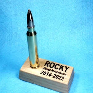Personalized Rifle Bullet Funeral Urn for Sportsmen & Hunting Dogs Cremation Ashes on Montana Pine Wood Base- 6 Calibers Available
