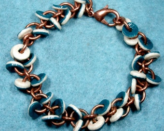 Recycled 12G Copper Bracelet with Recycled Blue and White Glass Beads
